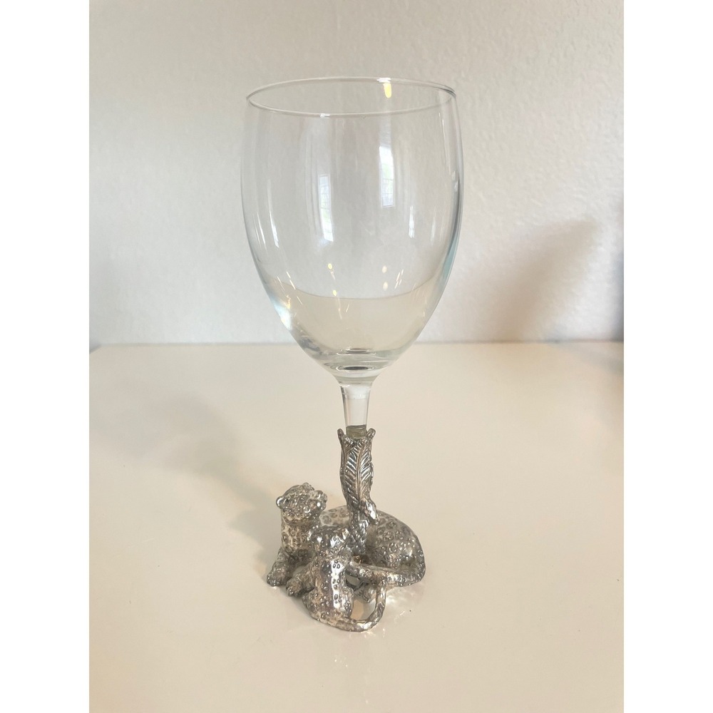 Arthur Court Leopard Wine Glass Aluminum Base Safari Animal Barware Clear Glass